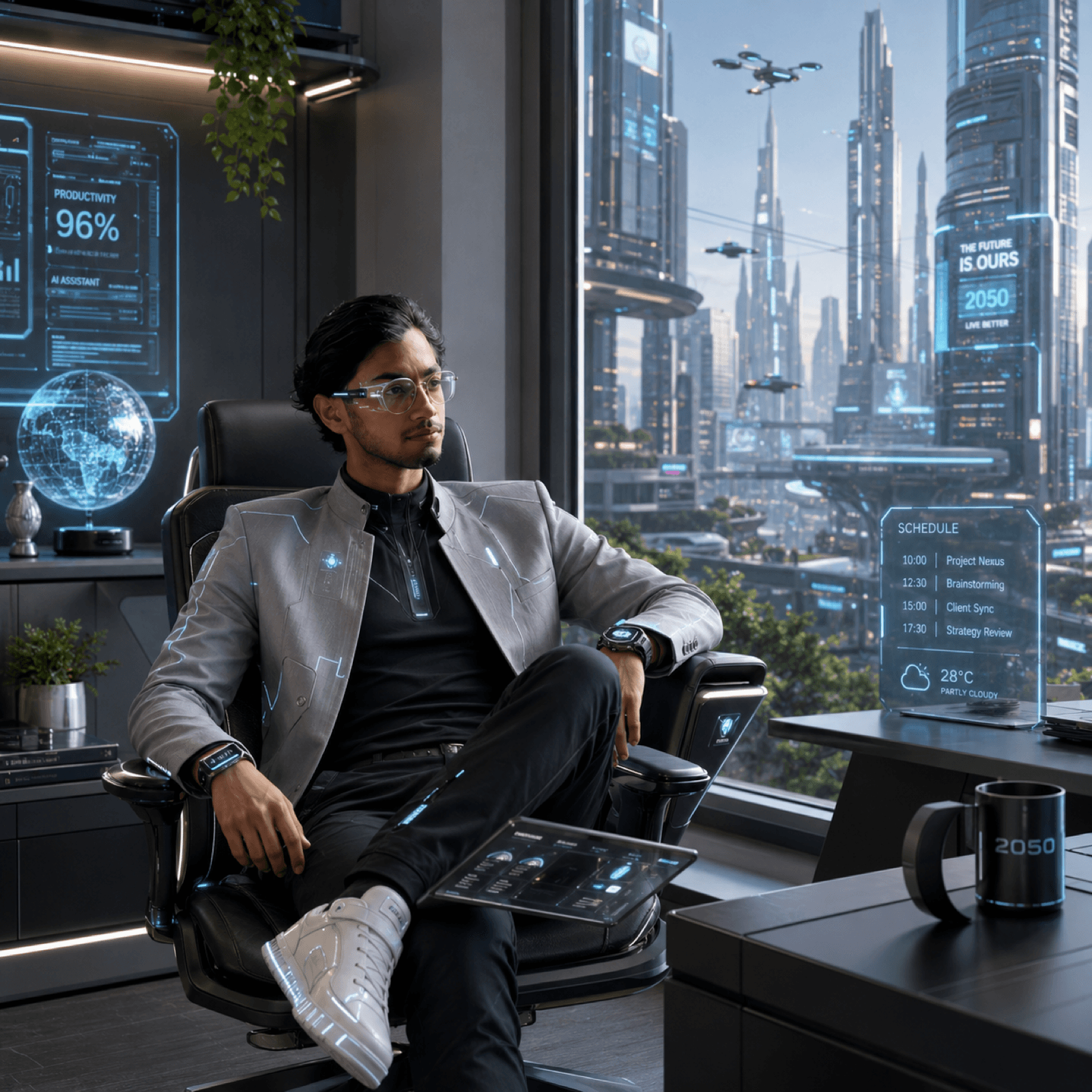 Rushal Sah in a futuristic AI executive workspace